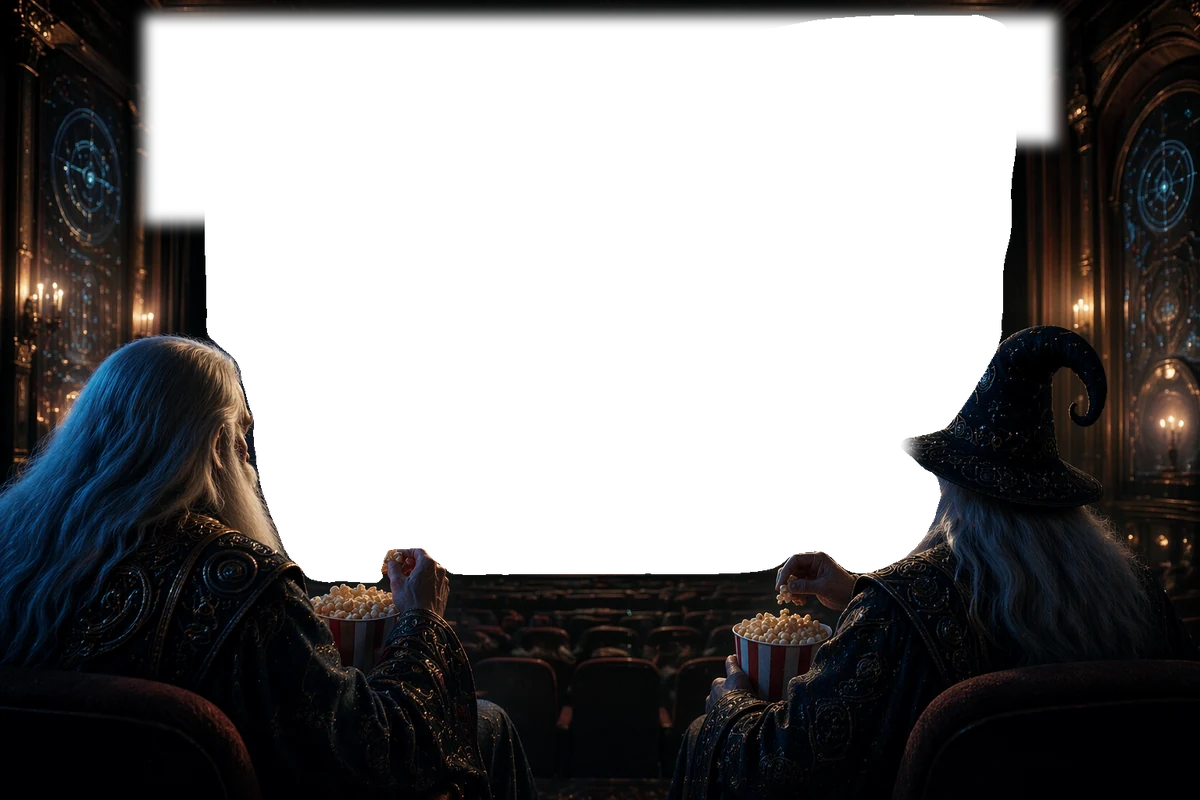 Two wizards in a cinema; the screen is a transparent window onto the video behind.